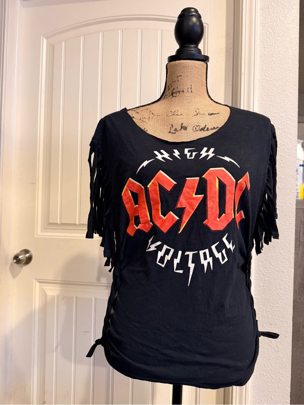 AC/DC Black Tee with Red and Yellow Logo and Fringe Sleeves
